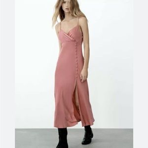 ZARA Buttoned Side Satin Slip Midi Dress PINK Size Small